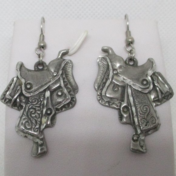 EGO C '92 Pewter Southwestern style Equestrian Saddle Earrings - Picture 1 of 7